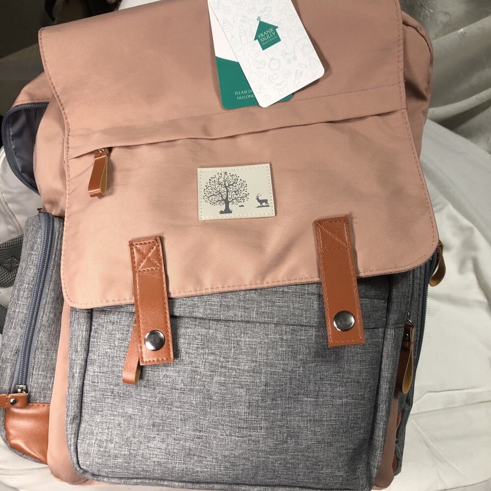 Parker Baby Co Pink/Gray Canvas Diaper Backpack with Insulated Bottle Pockets